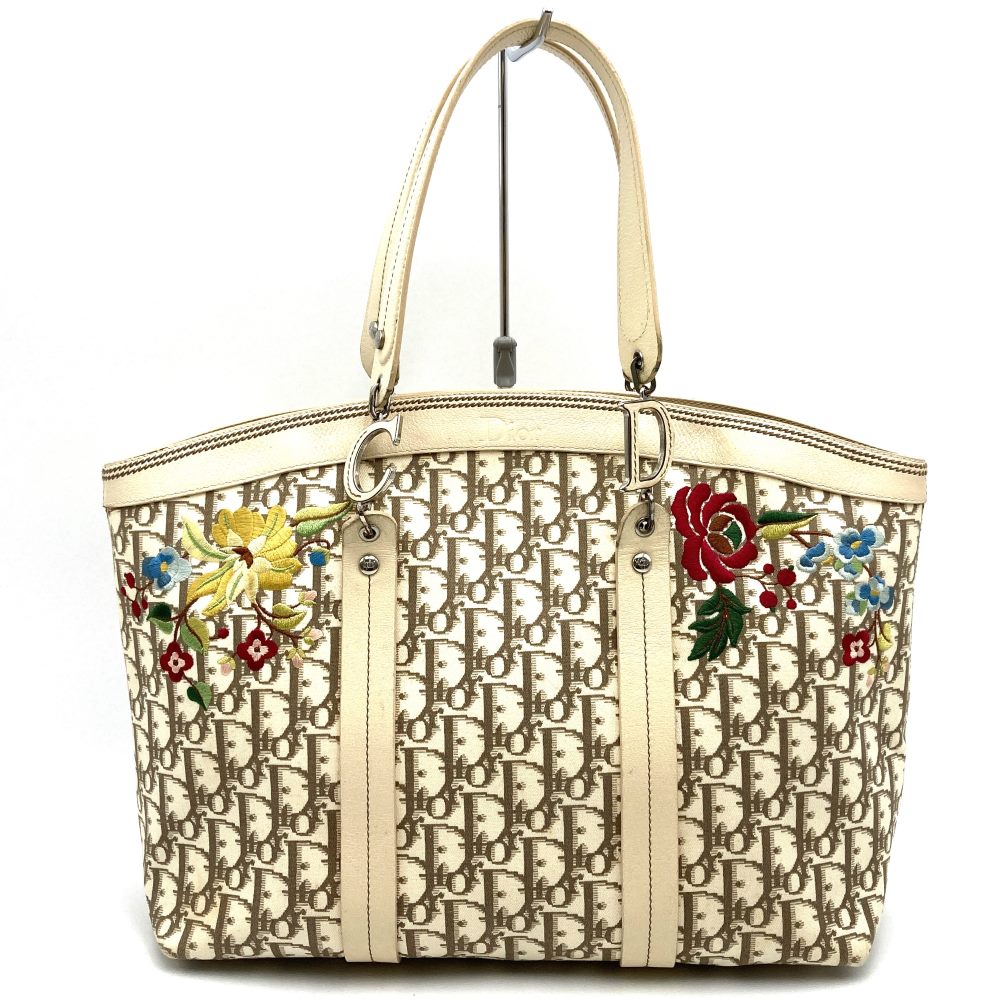 Dior ディオール トートバッグ トロッター キャンバス レザー フラワー 刺繍 アイボリー レディース ヴィンテージ 【中古】