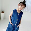 オールインワン オーバーオール 韓国子供服 カジュアル キッズ ジャンプスーツ サロペット ボタン 子供服 女の子 ロングパンツ ズボン ノースリーブ ハイウエスト 90cm100cm110cm120cm パンツ ロング ダークブルー 春夏秋