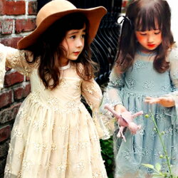 レースワンピース 子供ドレス 女の子 ワンピース　フォーマル 子供服 ドレス フレア シースルー長袖【結婚式　七五三　パーティー 刺繍　チュール ピアノ 発表会 入園 入学　花柄　立体】キッズ ジュニアベージュ　華やか グリーン　緑