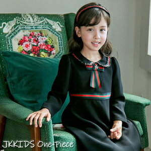 【トリコロール JKKIDS　韓国子供服　リボン】韓国子ども服 ワンピース　きれいめ フレアワンピース　長袖ワンピース　女の子　入園　入学　卒園　子ども服　七五三　フォーマル　キッズワンピース 黒　ブラック　赤　緑　ライン