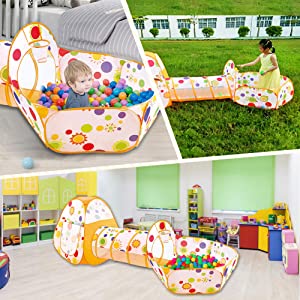 キッズテント ボールプール 子供用テント ボールハウス トンネル 折り畳み式 コンパクト 秘密基地 室内遊具 バスケットネット&収納バッグ付き 室内用 裏庭用 公園用 オレンジ