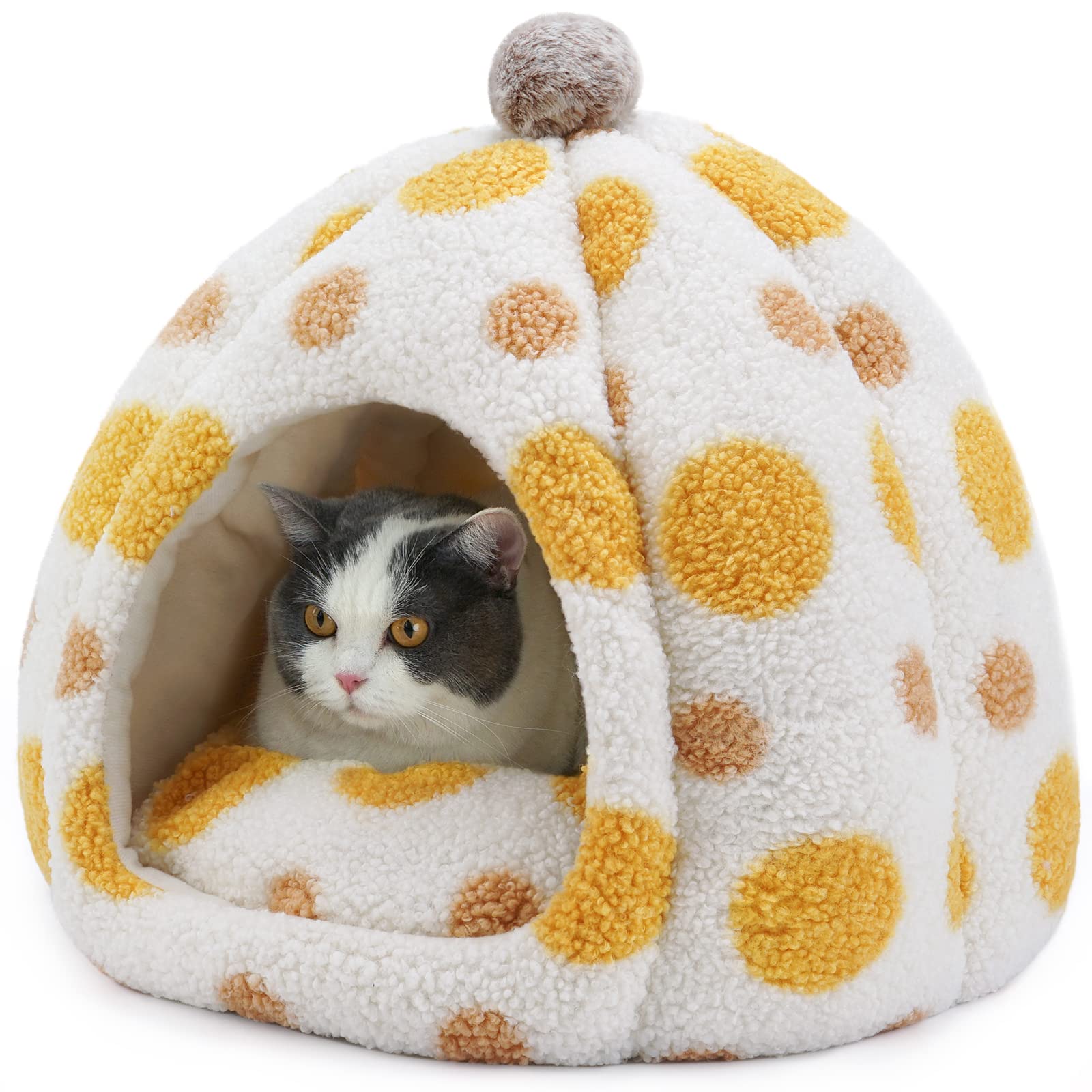 猫 ハウス 冬 ドーム型 ペットハウス ペットベッド 冬用 保温防寒 超小型犬 猫用 クッション付き あったか 滑り止め 室内用 洗える(黄色)のサムネイル