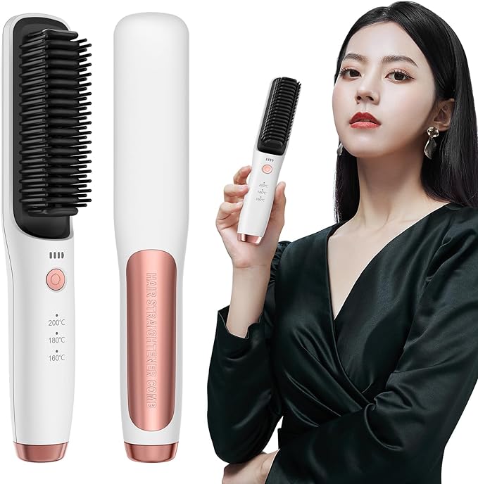 ストレートブラシ ヒートブラシ ヘアアイロンブラシ ヘアアイロン コードレス ストレート カール USB充電式 160~200℃ 3段階レベル調整 軽量 火傷防止 静電気防止 持ち運び ストレート＆カール両用 前髪用 男女通用 プレゼント 家庭/旅行/出