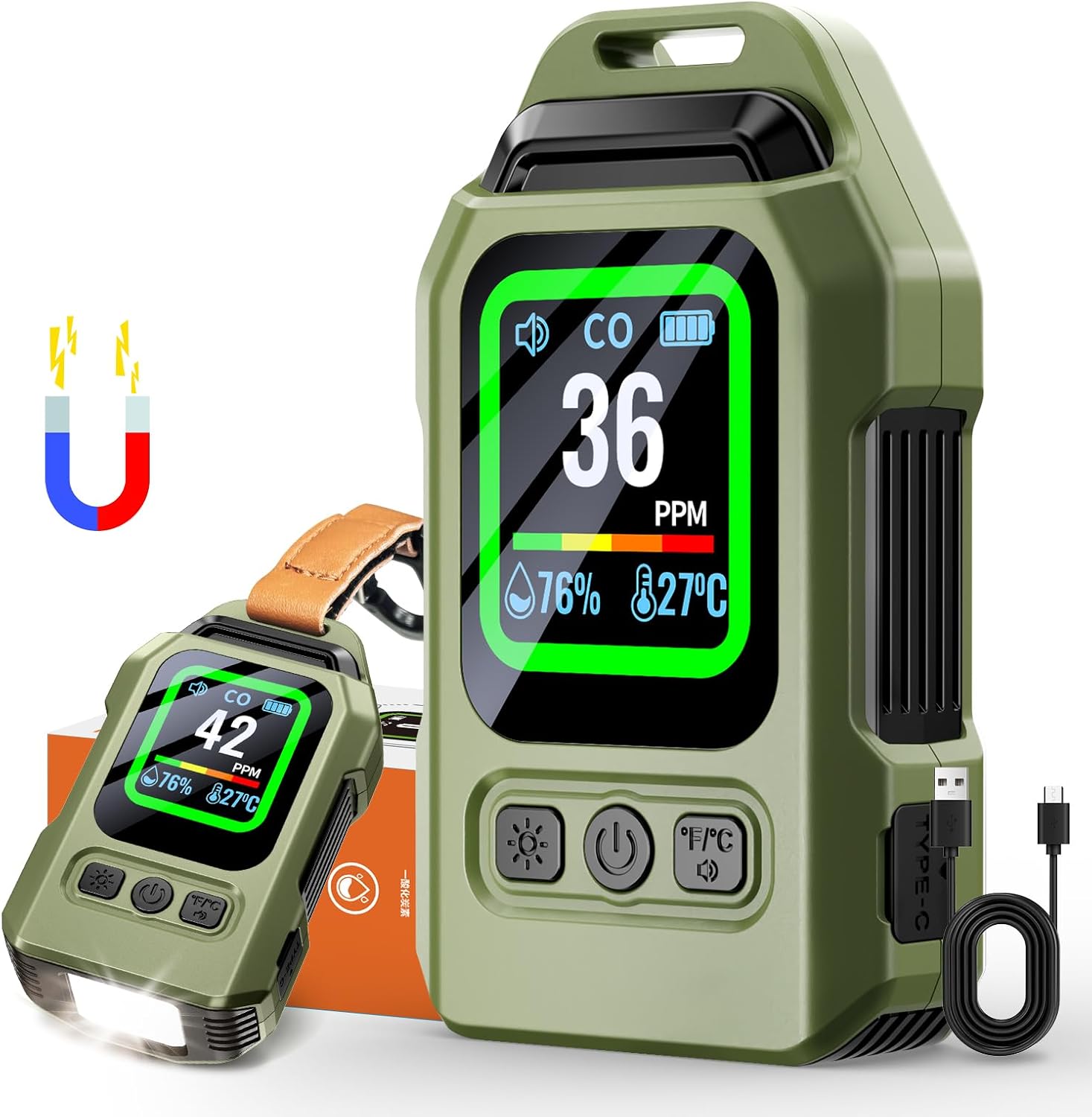 【4合1機能】一酸化炭素チェッカー 一酸化炭素警報機 CO検知器 温湿度計 緊急ライト付き コンパクト設..