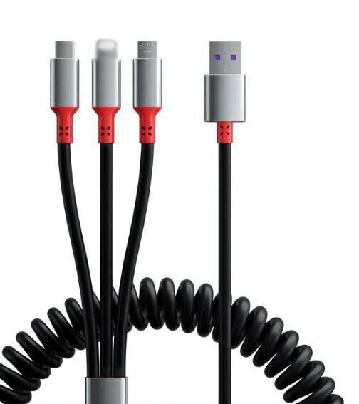 【最短翌日着】iPhone充電ケーブル3in1ユニバーサルライトニングカープレイ充電ケーブル2m 6.6フィート長さのスプリング充電ケーブル 5Aの商品画像