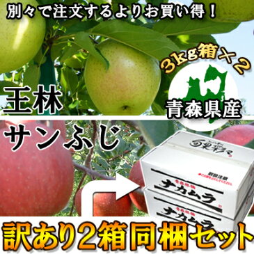 【訳あり】【2箱同梱】人気の青森県産りんご「サンふじ&王林」得々同梱セット!!3kgダンボール・モールドパック詰(各1箱ずつ)