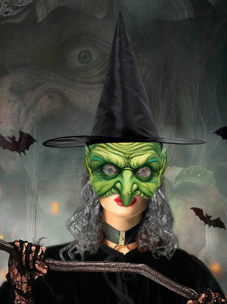 在庫処分【短納期】ハロウィン マスク 仮面 2点セット ハロウィン 魔女 帽子 ウィッグ付き ホラー ホラーマスク 悪魔 コスプレ 仮装 グリーン ウィッチマスク(魔女マスク) レディース メンズ ユニセックス ハロウィーン イベント クリスマス パーティー 文化祭 仮装 変装