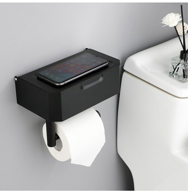 RinkastoreのトイレットペーパーホルダーDIY 棚付き スマホテーブル トイレ 紙巻き器 ホルダー 棚連 タオル掛け アルミニウムトイレペーパーフックバスルーム 建築 お風呂 バスルーム 収納付きトイレットペーパーホルダーRTACSM｜アングル3