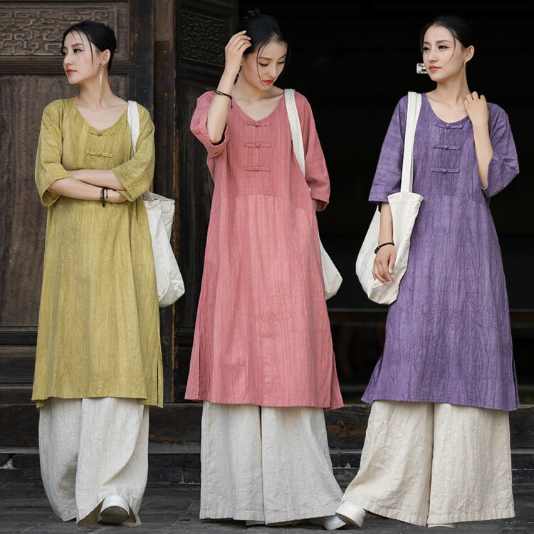 リネン 風 綿39.5％ 麻60.5％ ワンピース レディース 半袖 vネック 綿混 柔らかい 無地 ワンピ マキシ..