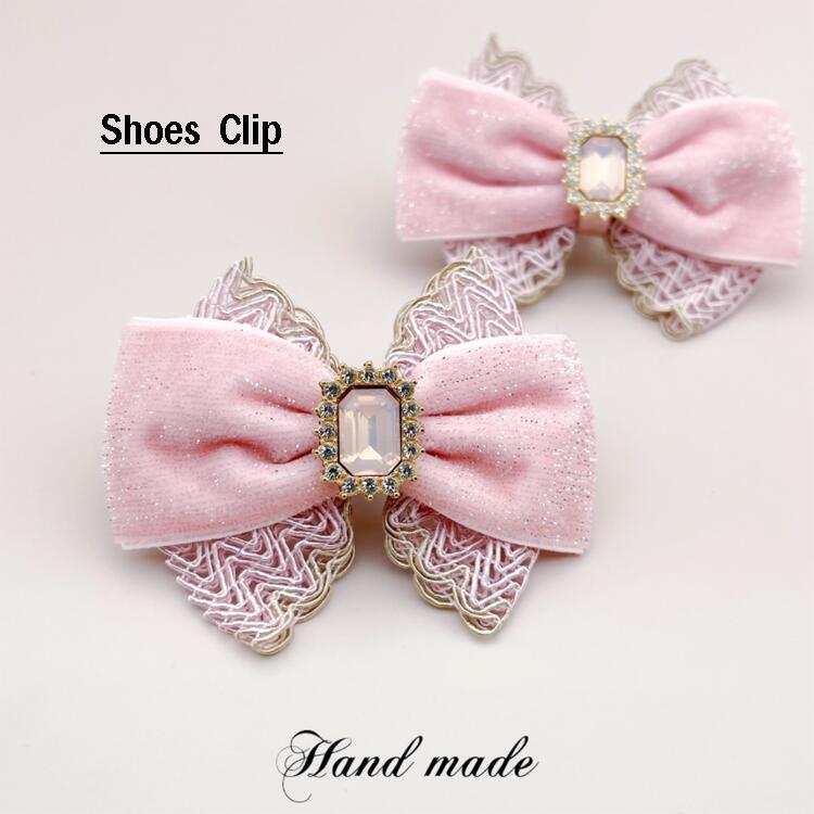 【ベルベット】ピンク 上品で高級感のあるベルベット素材のリボンシューズクリップ! 1ペア(1足分)ラインストーンの金飾りがついたシュークリップ/シューズアクセサ...