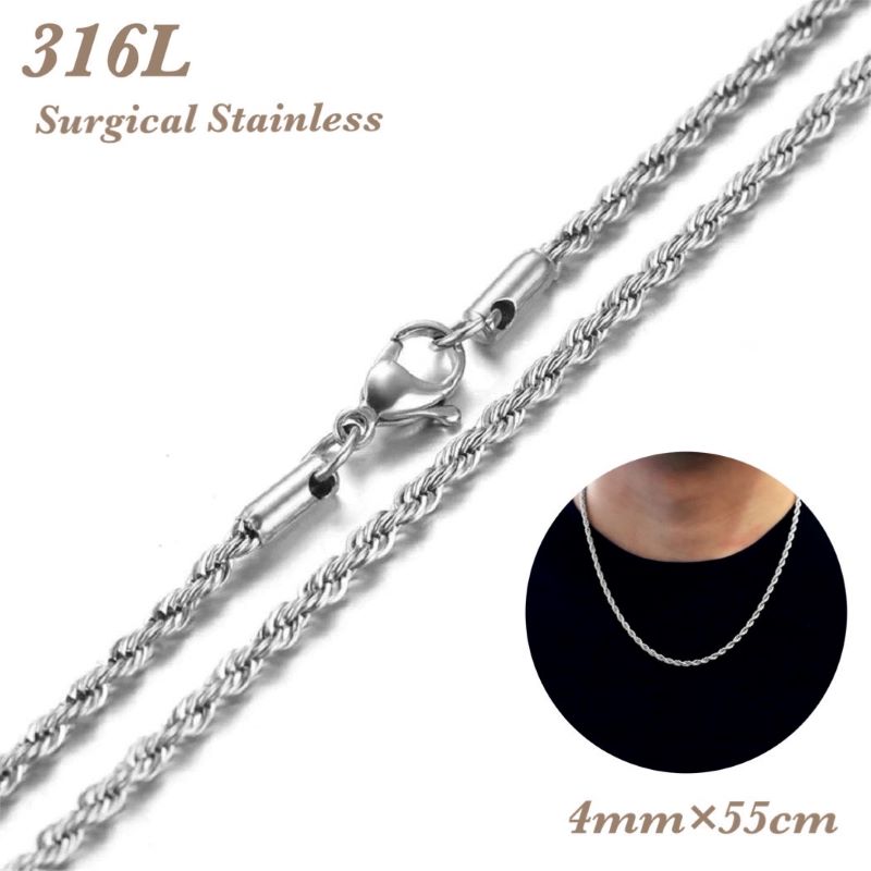 【4mm/55cm】18K純金コーティング ステンレス編み込みロープネックレスチェーン ネックレスのみ ハンドメイド 修理用 チェーン シルバー ステンレスチェ...