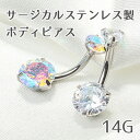 ボディピアス へそピアス 臍ピアス バナナバーベル ネイブル イヤーロブ 316Lサージカルステンレス インターナル ダブルジュエル ジルコニア ストーン 立爪 レインボー オーロラ シンプル 定番 14G 1個