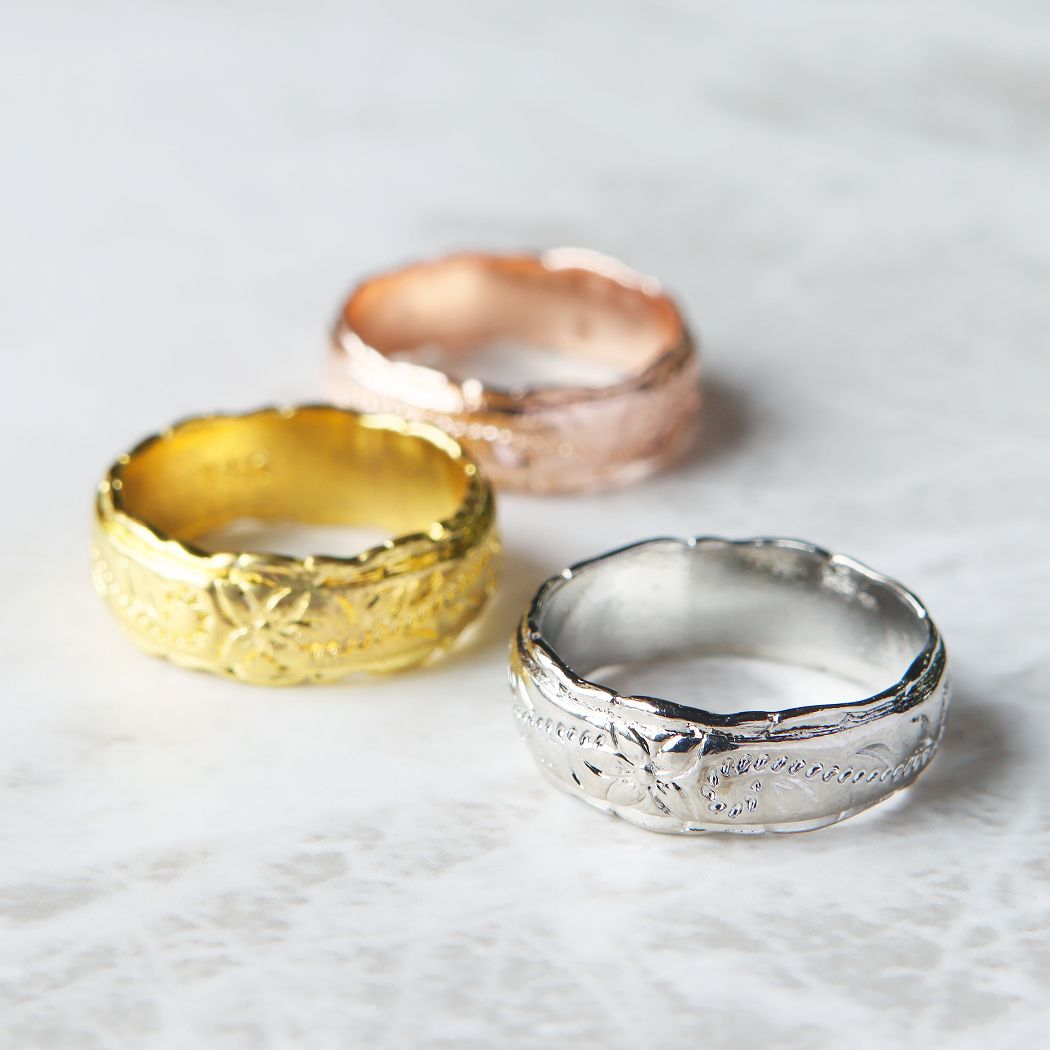 大幅値下げ☆ハワイアンジュエリー リング 指輪 幅6mm プルメリア スクロール メンズ レディース プチプラ ゴールド シルバー ピンクゴールド