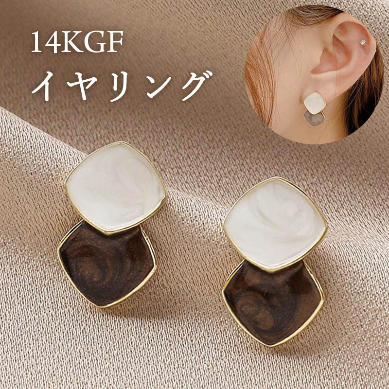 乐天商城 - イヤリング ダイヤ形 ひし形 2連 シンプル ブラウン シリコンパッド付き クリップ式 両耳 オシャレ かわいい ノンホールピアス プチプラ