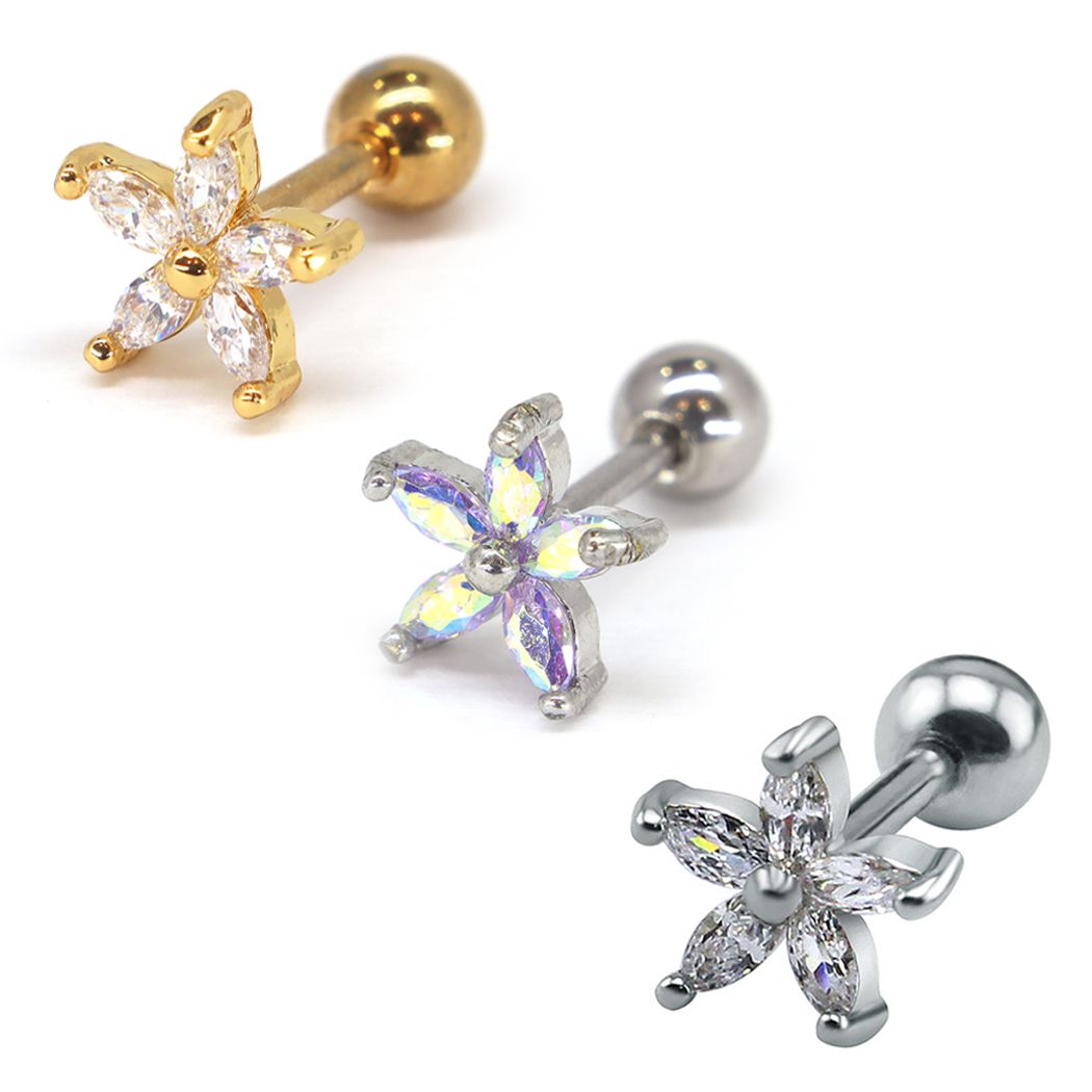 【5A高質ジルコニア】ステンレス!ボディピアス 花 ハワイアンジュエリー キャッチ おしゃれ パーツ かわいい ダブルフェイス ストレートバーベル 軟骨ピアスプチプラ プレゼントにもオススメ