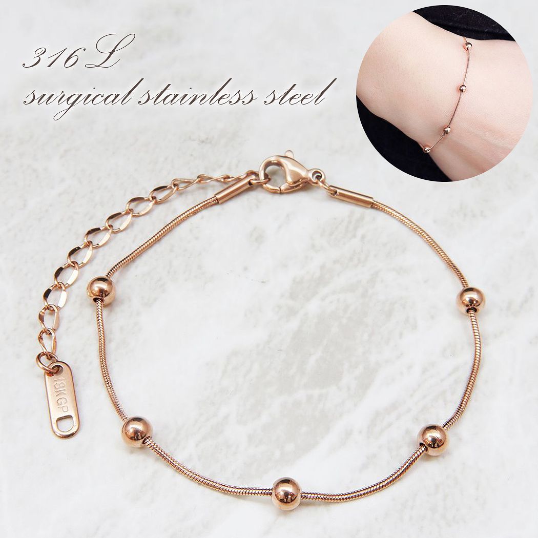乐天商城 - 金アレ対応♪サージカルステンレス ブレスレット 丸 玉 スネークチェーン ピンクゴールド シンプルブレスレット プレゼントにもオススメ