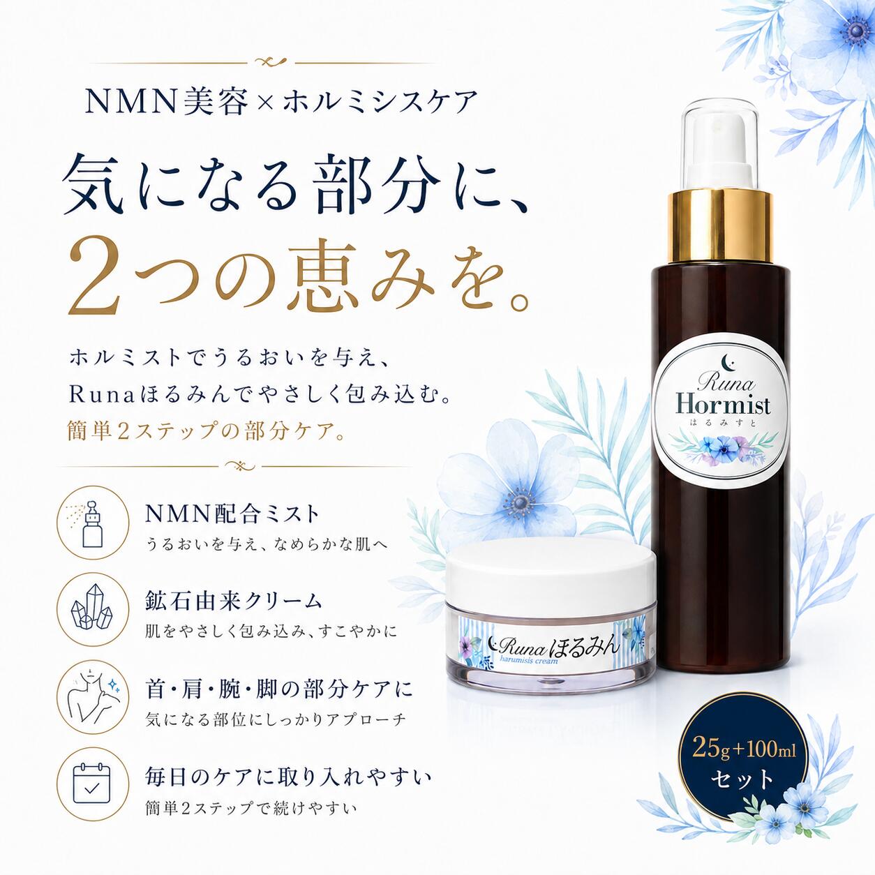 Runaほるみん25g＋ホルミスト100ml セット NMN配合 化粧水ミスト ボディクリーム 保湿 足のむくみ ラドン温泉 岩盤浴クリーム 美肌 足 お試し 持ち運び 簡単2ステップ ホルミシスケア rinparuna-10000049 RUNAショップ楽天市場店 サンプル画像3