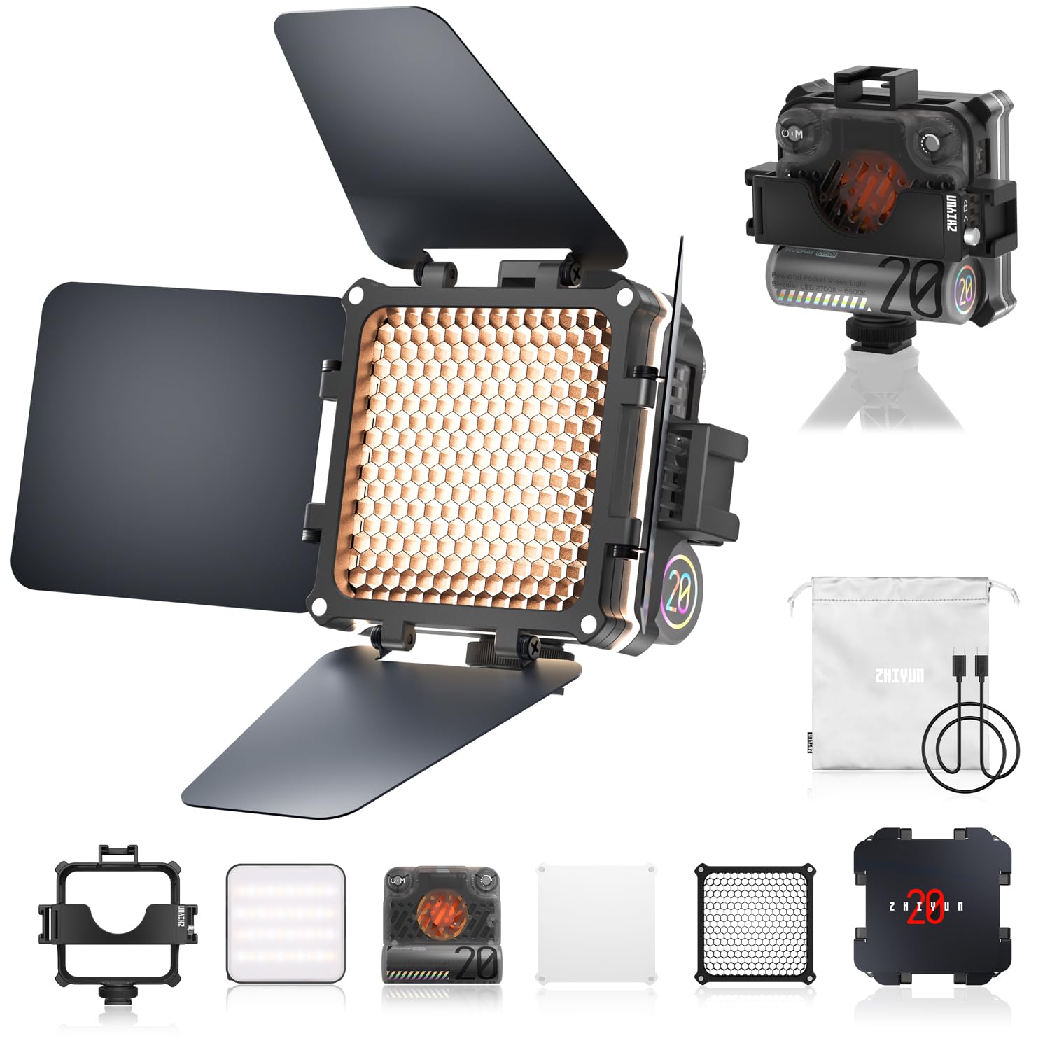 ZHIYUN FIVERAY M20 COMBO 20W LED ビデオライト 小型 撮影用 2700K-6500K 無段階調光 充電式 手持ち照明ライト 自撮り撮影 YouTube 生放送 ビデオ録画「一年保証」