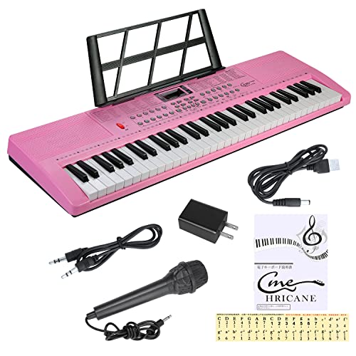 Hricane キーボード ピアノ 電子ピアノ 61鍵盤 200種類音色 200種類リズム 60曲デモ曲 LCDディスプレイ搭載 光る鍵盤 楽器 日本語パネル ヘッドフォン対応 子供 初心者 練習用 USBケーブルと日本語説明書付き (ピンク色H663)