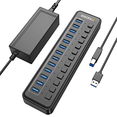 iDsonix USBハブ 電源付き USB ハブ 13ポート 増設 USB拡張 セルフパワー USB3.0ハブ 【 5Gbps 高速転送 USB 3.0 Hub 独立スイッチ付 12V/6.5A ACアダプタ付き 5V2.4A急速 充電対応 100cm