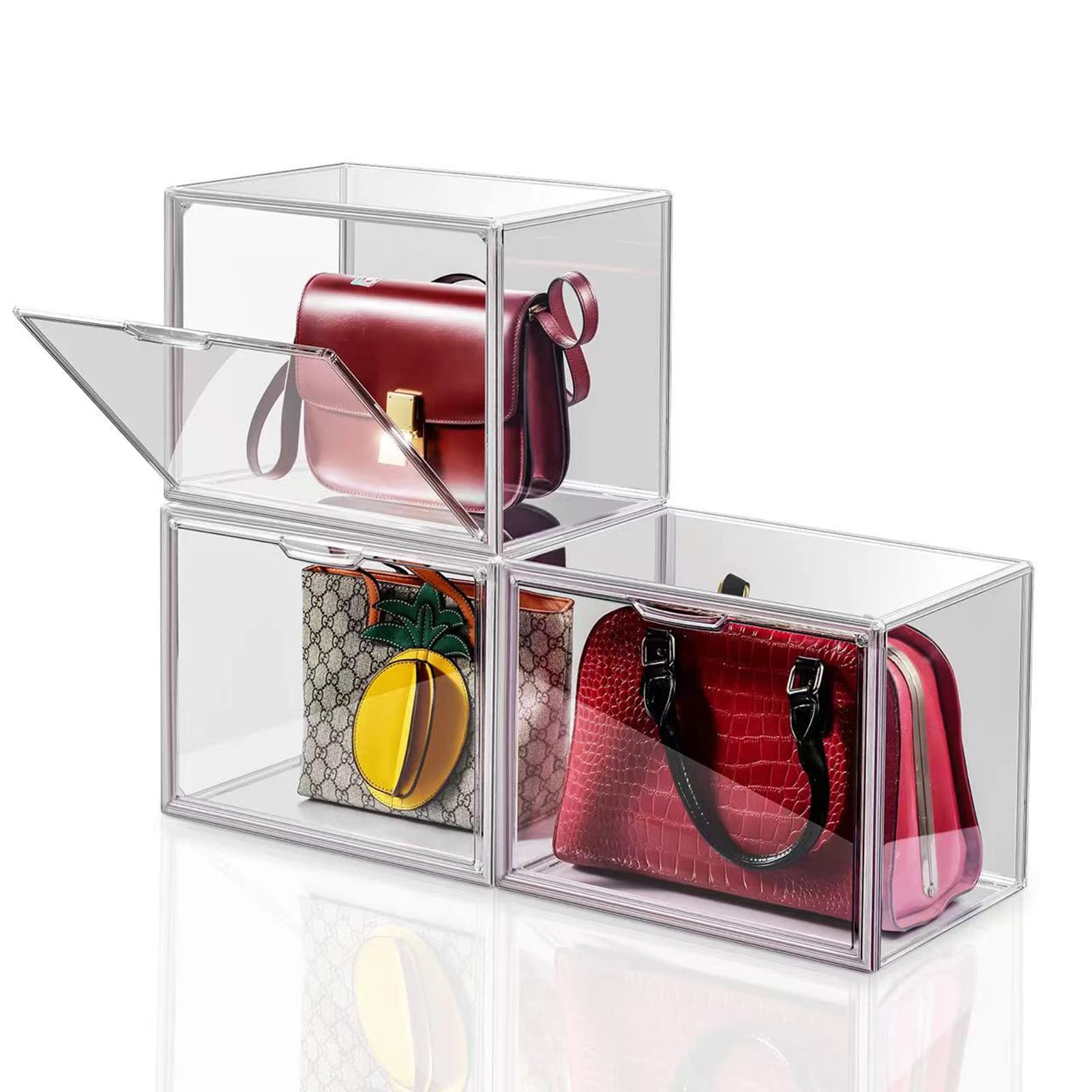 共馳収納 透明の収納ケース3つ 積み重ね式 プラスチックのマグネット式 前開き おもちゃ・かばん・財布・靴・書類の収納ボックス・ディスプレイ用 約36cm（幅）x22cm（奥行き）×28cm（高さ）