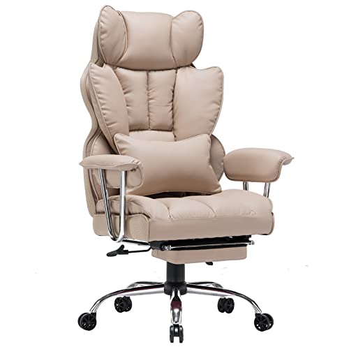 SKYE ゲーミングチェア オットマン オフィスチェア 座り心地最高 デスクチェア 椅子 テレワーク 社長椅子 伸縮可能のオットマン 椅子 高さ調整機能 PUレザー (ダークベージュ)