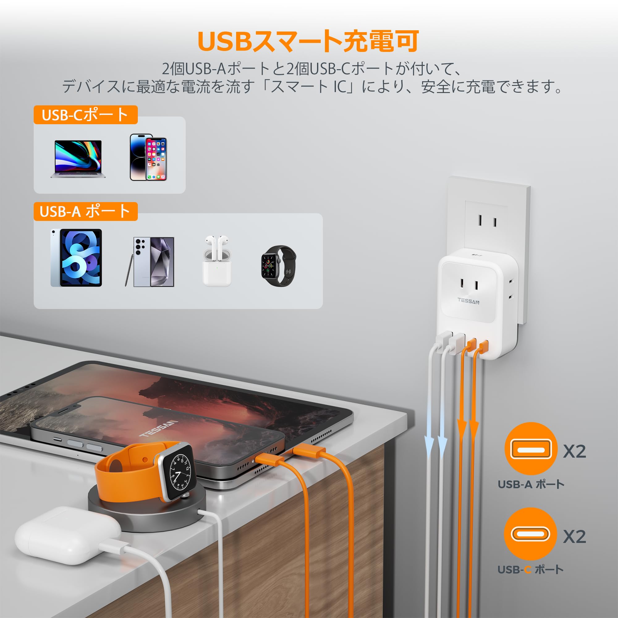 usb コンセント type-c タップ USB充電器 たこあしコンセント TESSAN電源タップ 3個AC口 2個USB-Aポート 2個USB