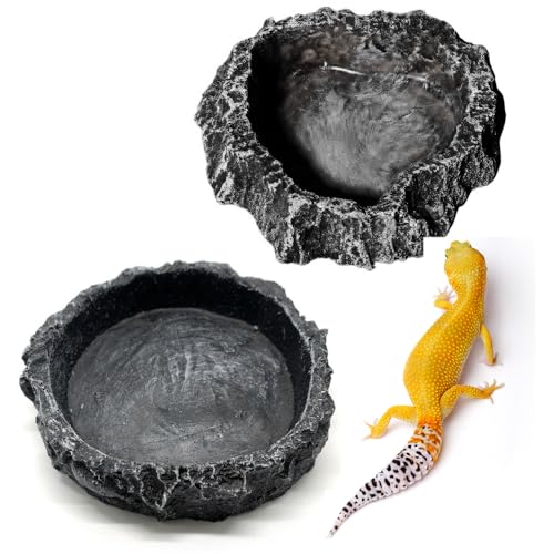 CHANGJIQ 爬虫類 水入れ 餌入れ 2個入 水飲み皿 自然の岩イメージ 樹脂製 ひっくり返しにくい エサ皿 ..