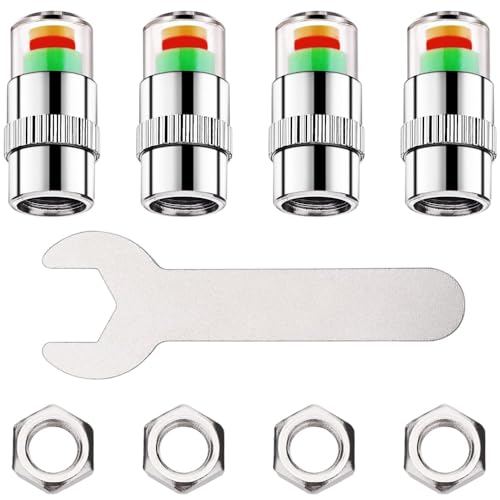 タイヤ空気圧監視 エアバルブキャップ 4個セット 監視バルブセンサー 3色表示の説明 状態を把握 外部バルブ検出 内蔵アクセサリー 漏れを防止