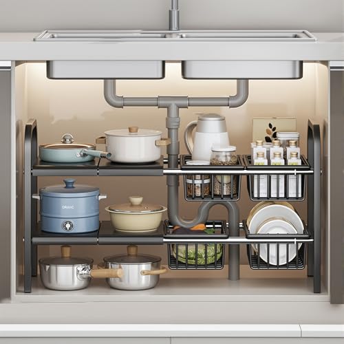 JPSunBloom シンク下収納ラック 洗面台下収納 伸縮式 2段収納 キッチン シンク下フリーラック 伸縮棚 ..