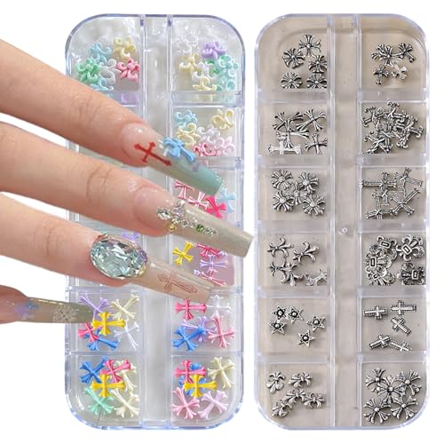 ネイルパーツ 十字架 2ケース 3D クロス ネイルパーツ メタルパーツ スタッズ カラフル レトロ シルバ..