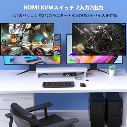凛々堂 楽天市場店の8K@60Hz HDMI KVMスイッチ 2入力2出力 HDMI KVM 切替器 パソコン2台モニター2台切り替え 4つのUSB 3.0ポート｜アングル2