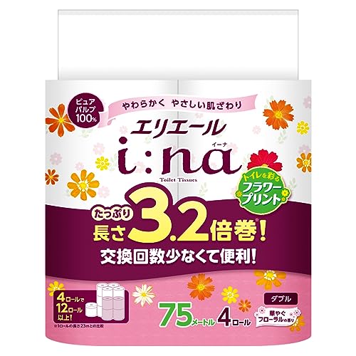 エリエール トイレットペーパー i:naイーナ フラワープリント 3.2倍巻き 75m×4ロール ダブル パルプ100% 華やかなフローラルの香 エリエール トイレットペーパー i:naイーナ フラワープリント 3.2倍巻き 75m×4ロール ダブル パルプ100% 華やかなフローラルの香