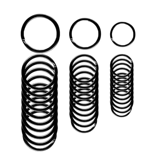 QIKEJI 平キーリング キーリング 黒 外径 32mm 28mm 25mm各10個 金具 ステンレスキーホルダー 脱落防止..