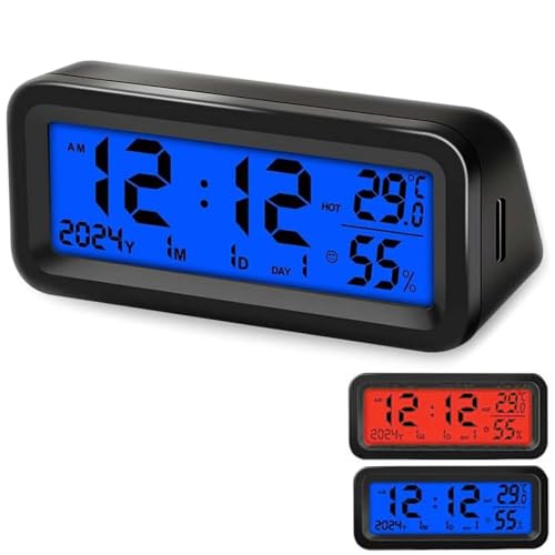 車載時計 デジタル時計 ソーラー電子時計 二重色 4in1 時刻/日付/温度/湿度表示 LEDバックライト カレンダー表示 発光時計 夜光 多機