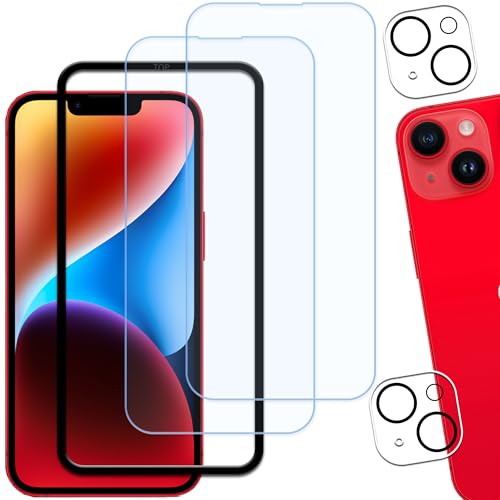 2+2枚セット+ガイド枠付き KPNS 日本素材製 ブルーライトカット iPhone14 用 ガラスフィルム カメラフ..