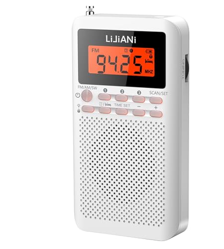 2025版小型携帯ラジオFM/AM/SW単三電池2本使用夜間でも使えるバックライト付きボタンデジタル時計、目覚まし時計、スリープタイマー機能最適
