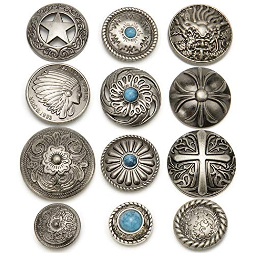 コンチョ ボタン 12個セット ねじ式 アンティーク シルバー 20mm～33mm ターコイズ 唐草 インディアン 龍 五芒星 さくら レザーク