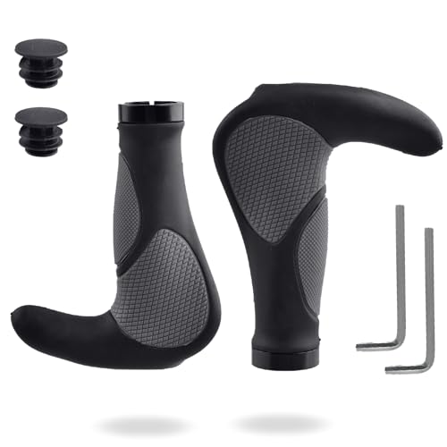 B - ブラック - 全長 143mm/フリーサイズ/-・Color:B - ブラック - 全長 143mm・??衝撃吸収自転車グリップはTPR、PP、アルミ合金の材質で作れられ、クッション性が高くて優れた衝撃吸収性能もあります。表面に滑り止め加工で、スリップ防止です・?サイズ- 長さ：143mmx112mm 重量：約238g 内径：約22.2mm（内径サイズが適合しているかどうかを必ずご確認ください。）・??デザイン- 人間工学に基づいて設計されたエルゴングリップは、手のひらのほぼ全面が接触、自然な手首の角度が得られ、手や腕の痛いを防ぎます・??滑り止め- 吸震の能力が強く、長い距離のサイクリングでも、手が痛くなりません。プラスチックではなく、TPR天然ゴムが素材ですので、汗や雨に濡れても、滑り落ちることはありません。・??組立しやすい- 1.グリップをハンドルに差し込む。2.アーレンキーで締め固定。3.キャップを押し込む。初心者でも簡単に利用できます