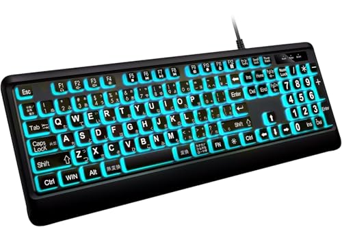 Rakuten - 大きめの文字のバックライト付きキーボード、静かなUSB有線コンピューターキーボード、光るホワイトLED付きフルサイズキーボード Windowsデ