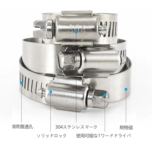 ホースバンド 20個入り 304ステンレス ホースクリップ 内径6-12/14-27/ 13-19 / 16...