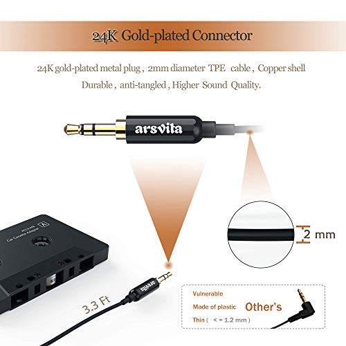 Arsvita カーオーディオカセットからAUXアダプター 3.5mm補助ケーブルテープアダプター
