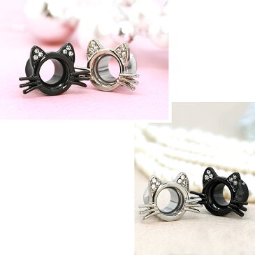 【全品送料無料】 ボディピアス 軟骨ピアス 0G ボディピアス ダブルフレア ネコ ねこ 猫 ジュエル 0ゲージ ピアス メンズ トンネル プラグ ホール サージカルステンレス 片耳用 とんねる