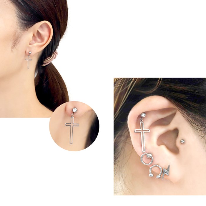 【楽天SOY★V6受賞達成】ボディピアス 軟骨ピアス 十字架 クロス チャーム 16G シルバー サージカルステンレス 金属アレルギー対応 つけっぱなし レディース メンズ 片耳用 なんこつぴあす ボディーピアス ピアス Pierce 切りっぱなし