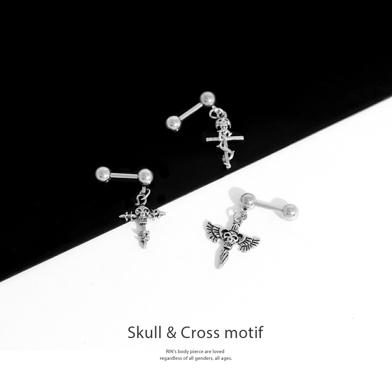 【全品送料無料】 ボディピアス 16G 金属アレルギー サージカルステンレス つけっぱなし シルバー メンズ ドクロ 髑髏 十字架 クロス 羽根 トーテム 軟骨ピアス カスタマイズ かっこいい スタイリッシュ 揺れる 凛 RIN なんこつぴあす 片耳用