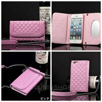 スマホポーチiPhoneXSiPhoneXiPhone8iPhone8plusチェーン付キルティング鏡付きスマホケース手帳型クラッチバック全6色