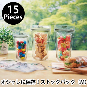 日本製 Mサイズ 15枚入 ドロップキャップ ジッパーバッグ 食品保存袋 自立 小分け袋 食品 保存袋 マチ付 おしゃれ ビニール袋 食品保存用 ポリ袋 冷凍OK お菓子 調味料常備菜 キッチン