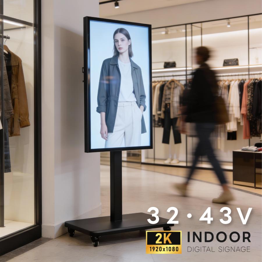 RINRONの＼デジタルサイネージ 32/43インチ キャスター付き 電子看板 屋内・屋外対応 スピーカー内蔵 強化ガラス HD液晶 USB対応 Android搭載 移動式 店舗看板 飲食店・オフィス向け｜アングル2