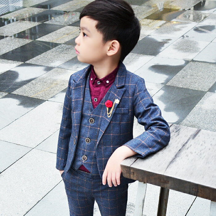 フォーマル キッズ 子供服 【3色 3点セット】子供 男の子 ジュニア スーツ チェック【コート・ベスト・ズボン】学生服 フォーマルスーツ 子供スーツ タキシー...
