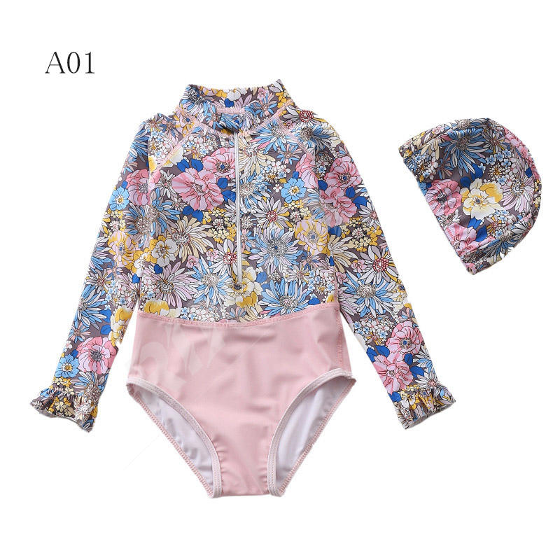 キッズ 水着 女の子 ワンピース 長袖 オールインワン スイムキャップ 2点セット お...